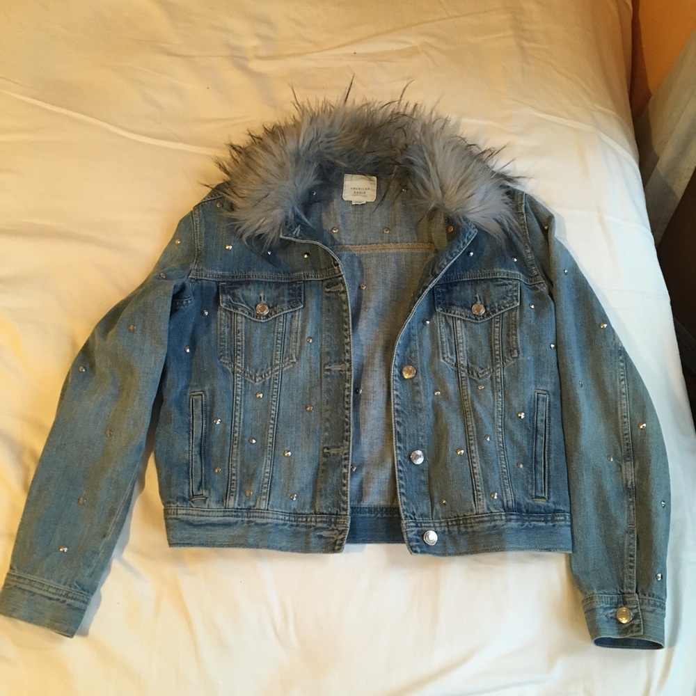 American Eagle Fur Collar Studded Jean Jacket AE